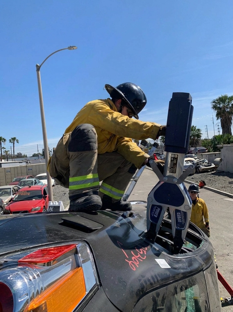 Firefighter cutting a roof post with a hydraulic cutter