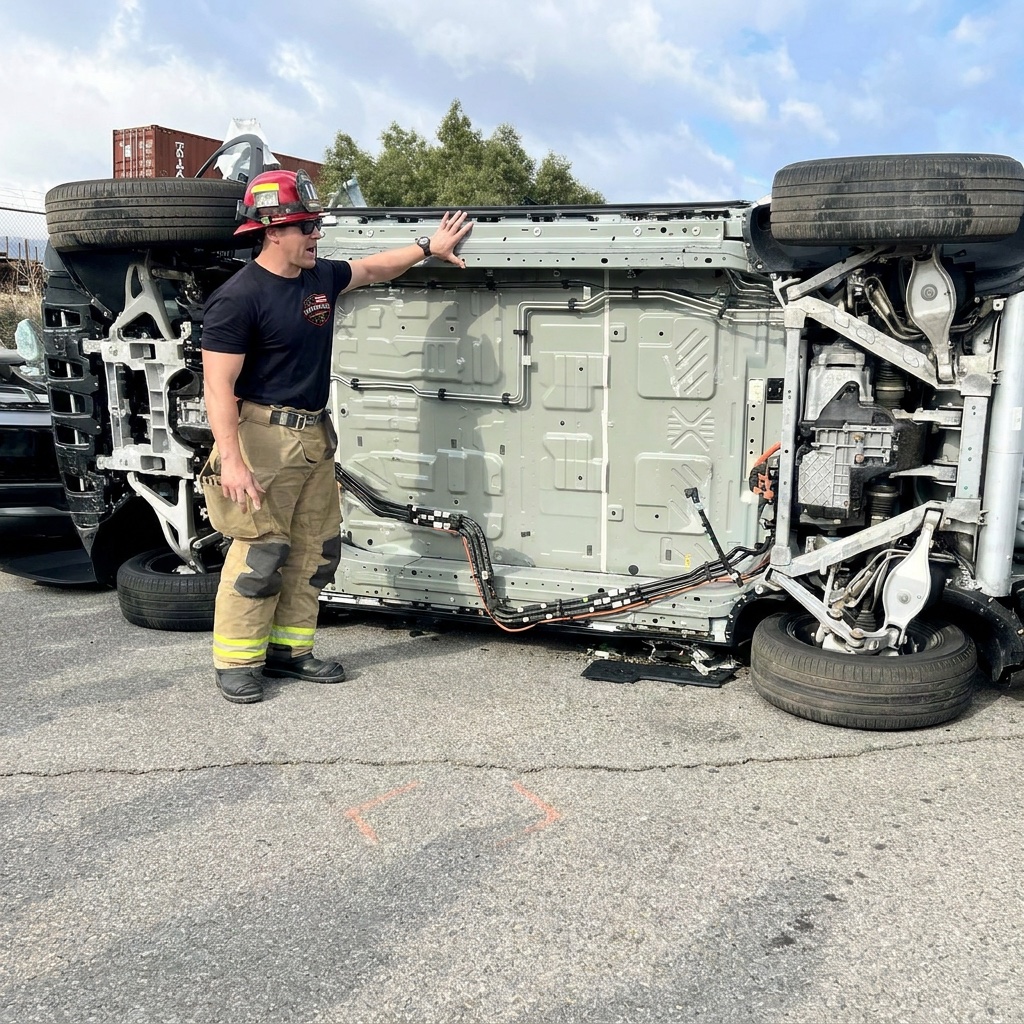 Firefighter assessing the exposed underbody and battery of a rolled electric vehicle